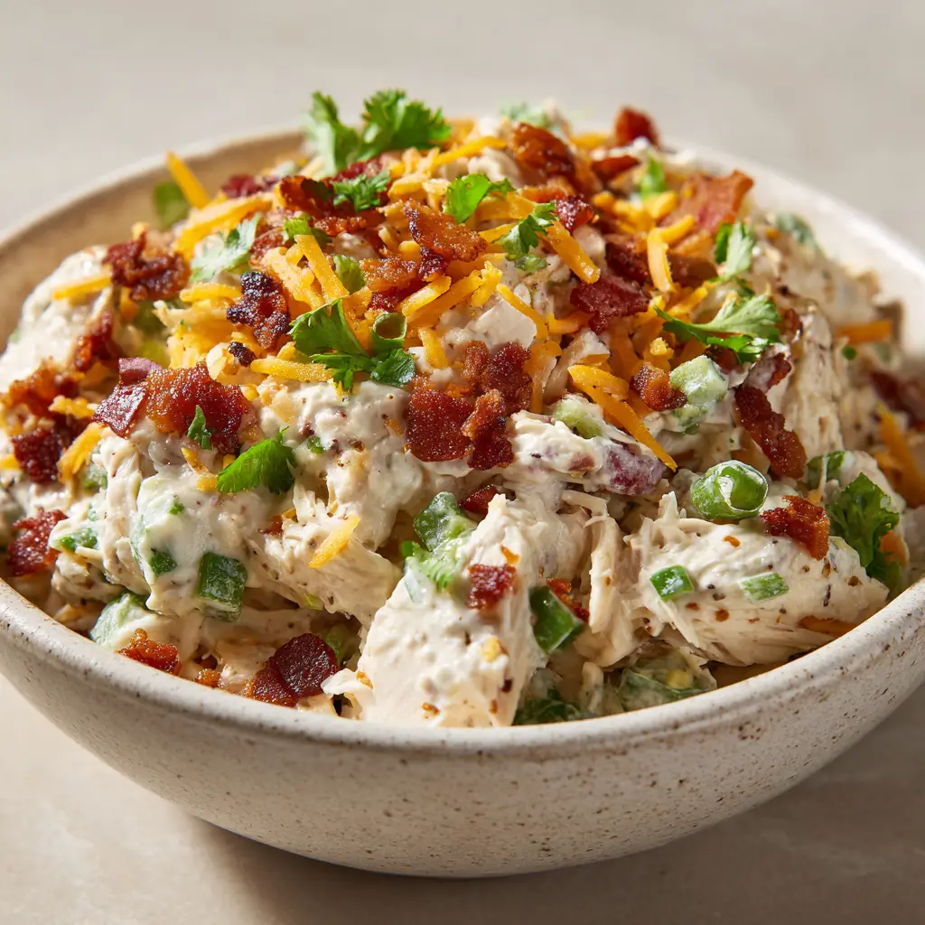 Jalapeno Popper Chicken Salad: The Ultimate Creamy, Spicy Bite 3 Close up of shredded chicken breast bound in a thick, glossy white cream cheese and mayonnaise dressing for Jalapeno Popper Chicken Salad.