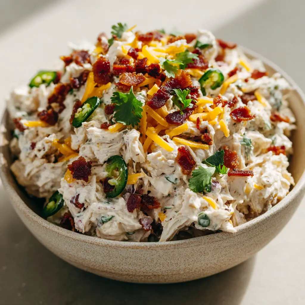 Jalapeno Popper Chicken Salad: The Ultimate Creamy, Spicy Bite 2 Textured surface of Jalapeno Popper Chicken Salad showing bright green jalapenos, dark mahogany bacon, and sharp orange cheddar cheese.
