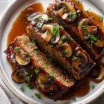 Overhead view of juicy ground beef Meatloaf with Mushroom Gravy, featuring a slightly crusty baked exterior and tender crumb.