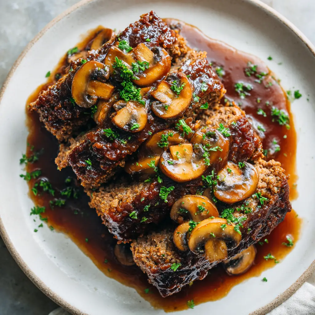 Close up shot of dark glossy brown gravy loaded with sliced cremini mushrooms poured over thick slices of baked meatloaf.