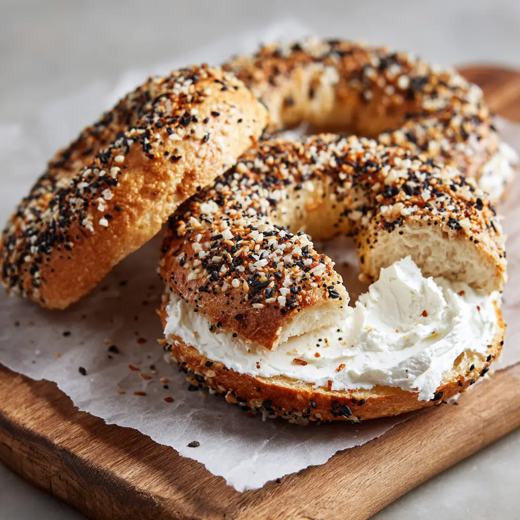 The Ultimate New York Style Bagels Recipe for a Blistered, Chewy Crust 2 Freshly baked New York style everything bagel halves resting on rustic parchment paper over a light wooden cutting board.