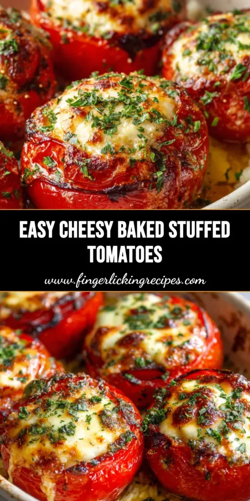 A close up of large red tomatoes stuffed with herb rice and topped with bubbling golden-brown mozzarella cheese in a baking dish.