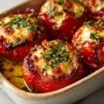 Wrinkled, blistered roasted stuffed tomatoes in a ceramic dish with pooling olive oil at the base.