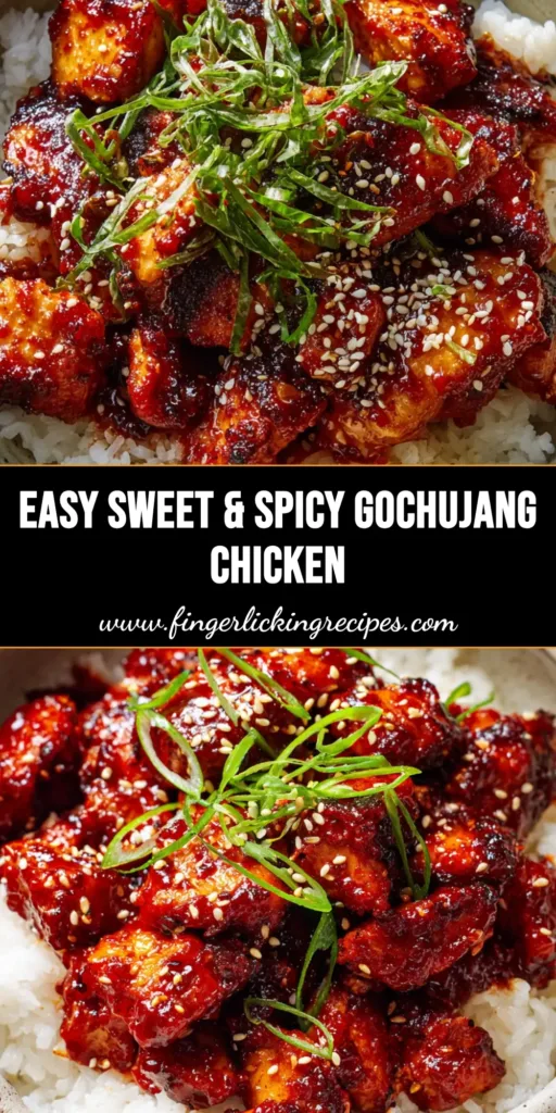 A close-up vertical shot of bite-sized pan-seared Gochujang Chicken completely coated in a thick, glossy, deep crimson-red sticky sauce over steamed rice.