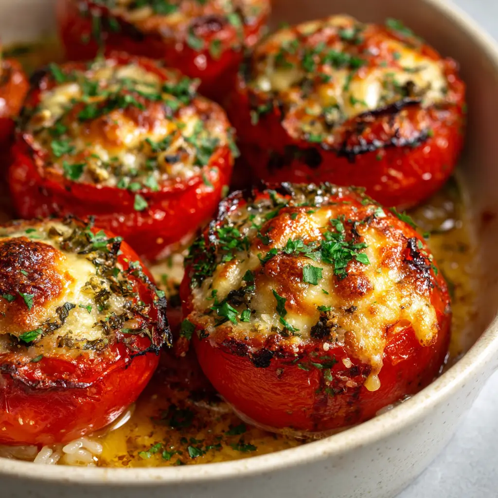 A thick layer of melted, bubbling, golden-brown mozzarella cheese on top of stuffed tomatoes garnished with fresh parsley.