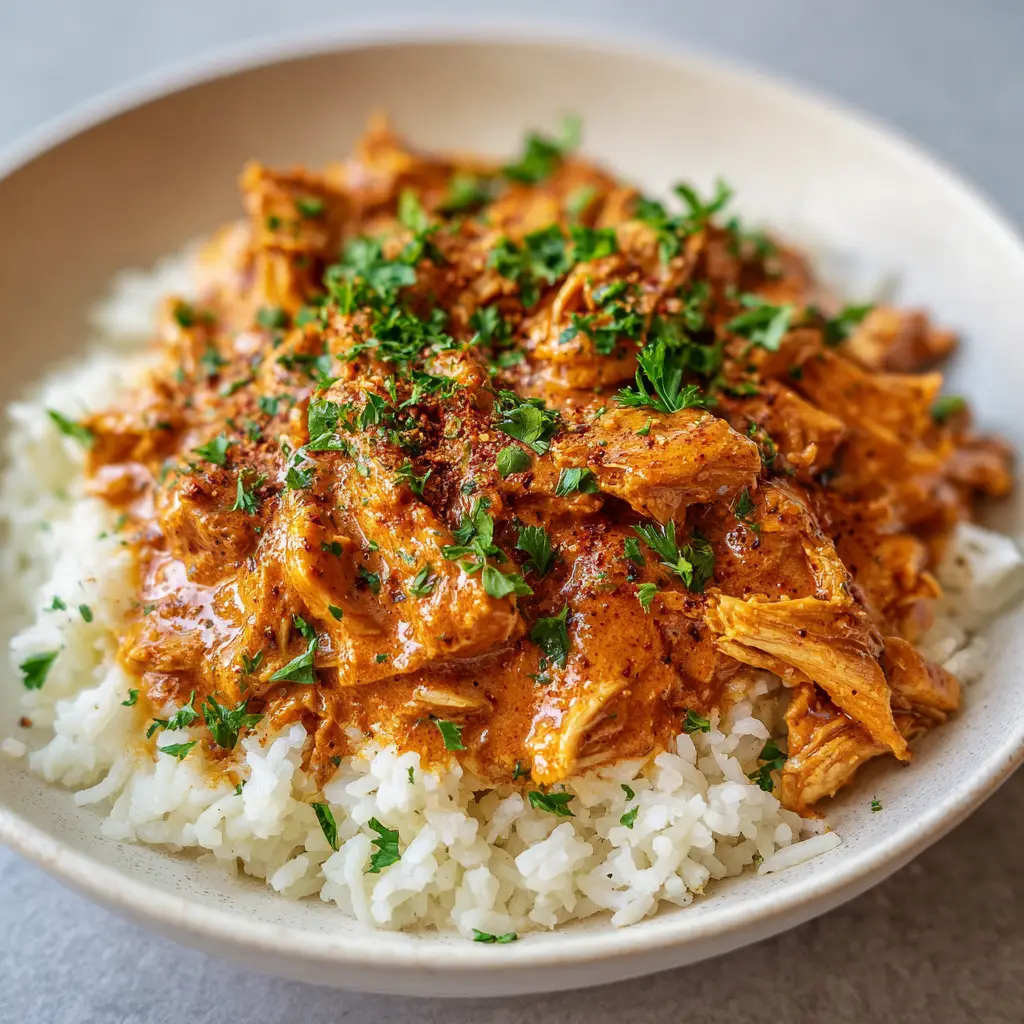 Rustic plating of Crockpot Cajun Butter Chicken with a dusting of paprika flakes and green parsley in a ceramic bowl.