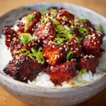 A rustic ceramic bowl filled with fluffy steamed white rice and topped with Gochujang Chicken, garnished with sesame seeds and scallions.