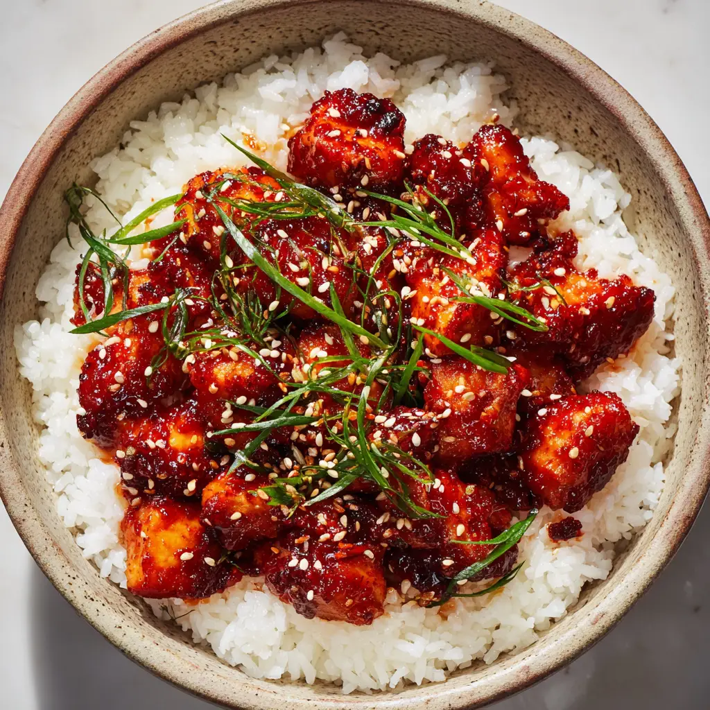 Close-up of wet, sticky gochujang glaze glistening on slightly charred bite-sized chicken pieces in natural daylight.