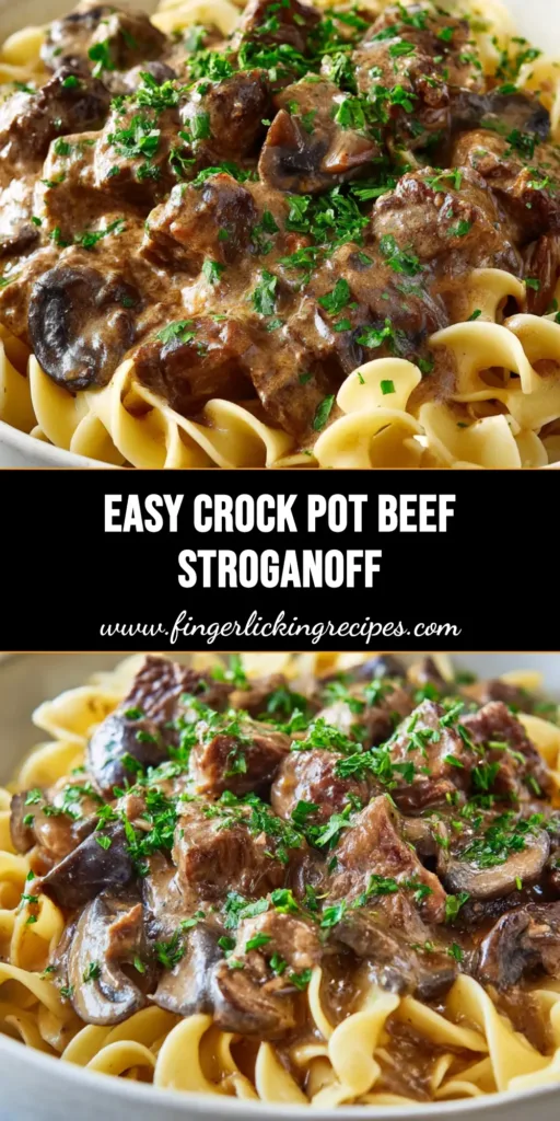A close-up vertical shot of creamy Crock Pot Beef Stroganoff served over thick, wavy egg noodles, garnished with fresh chopped green parsley.