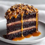 Close-up of a thick slice of layered dark chocolate cake on a white ceramic plate, heavily crusted with coarse crunchy golden-brown toffee bits.