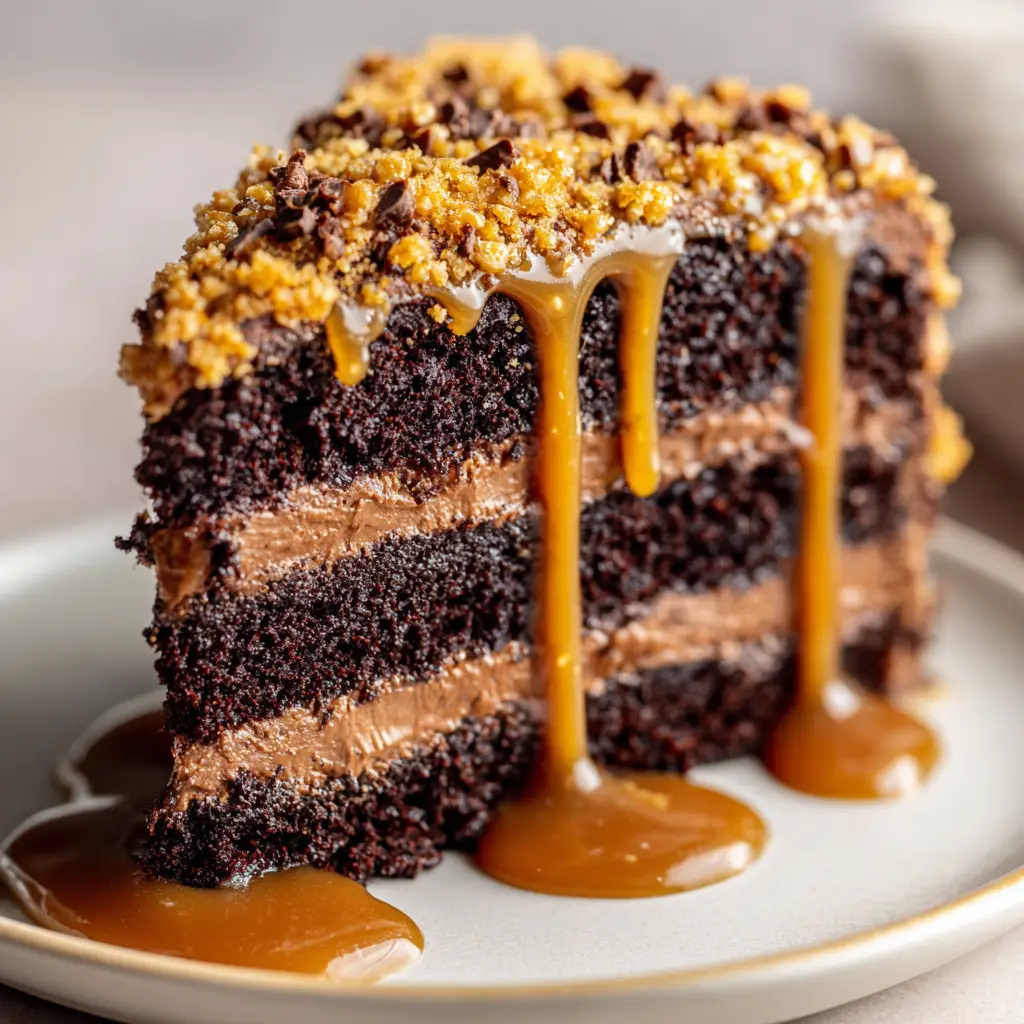 Thick glossy golden caramel sauce generously pouring and pooling down the sides of a dark chocolate cake slice.