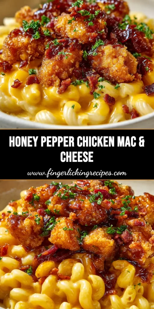 Honey Pepper Chicken Mac and Cheese: The Ultimate Comfort Food Bowl 5 A shallow rustic bowl filled with creamy cavatappi pasta in a glossy yellow-orange cheddar cheese sauce, topped with golden-brown crispy chicken coated in dark amber honey pepper glaze, bacon bits, and fresh green parsley.