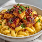 Close-up of spiraled cavatappi pasta generously coated in a glossy, vibrant yellow-orange melted cheddar cheese sauce with sticky glazed chicken.