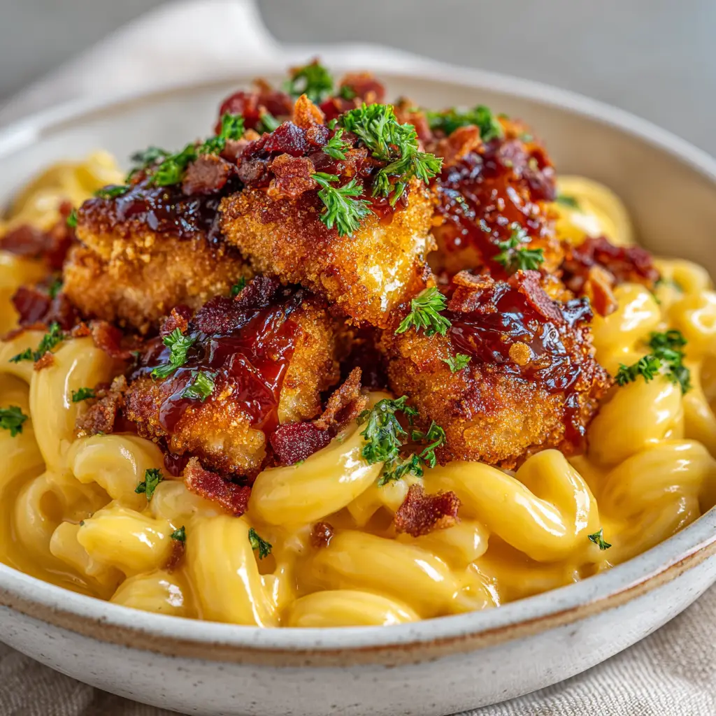 Honey Pepper Chicken Mac and Cheese: The Ultimate Comfort Food Bowl 3 Close-up of spiraled cavatappi pasta generously coated in a glossy, vibrant yellow-orange melted cheddar cheese sauce with sticky glazed chicken.