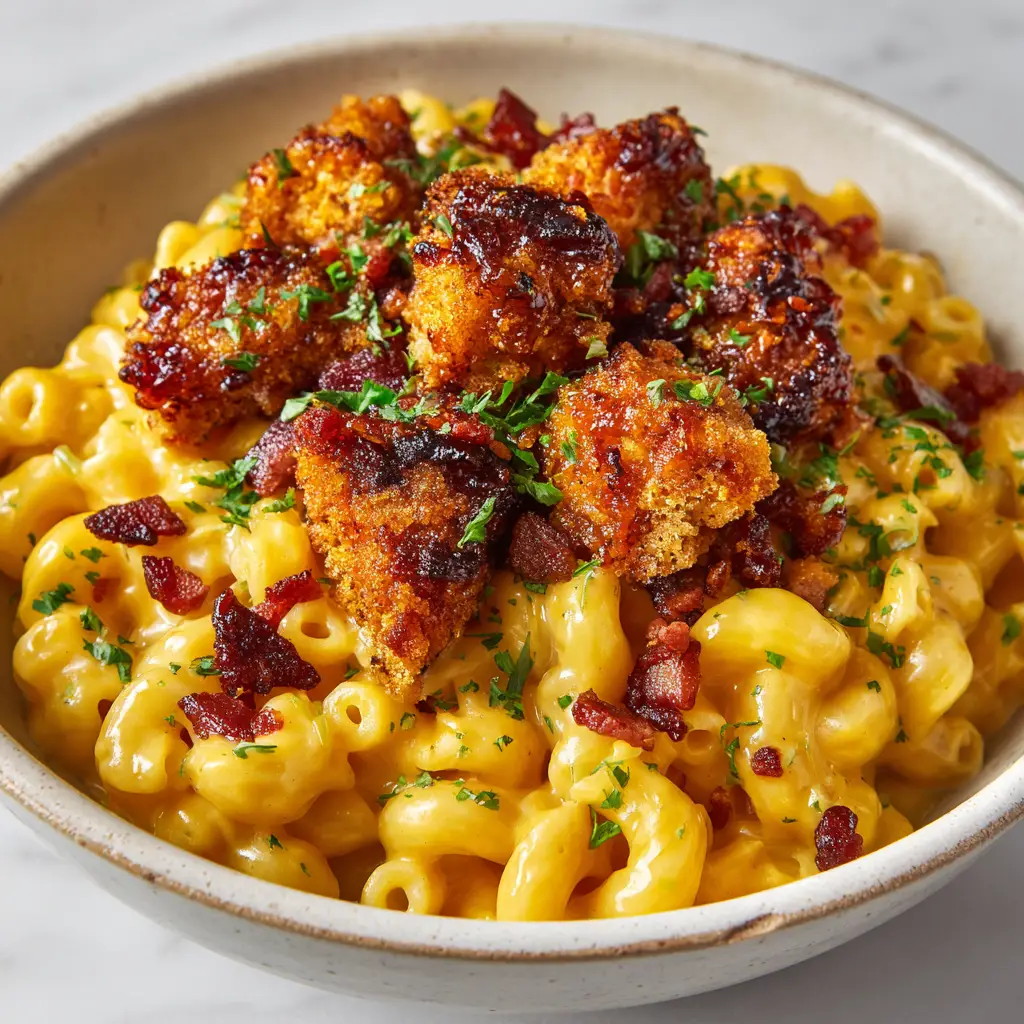 Honey Pepper Chicken Mac and Cheese: The Ultimate Comfort Food Bowl 2 Close-up of crispy breaded chicken breast chunks heavily glazed in a thick, sticky, dark amber honey pepper sauce over mac and cheese.