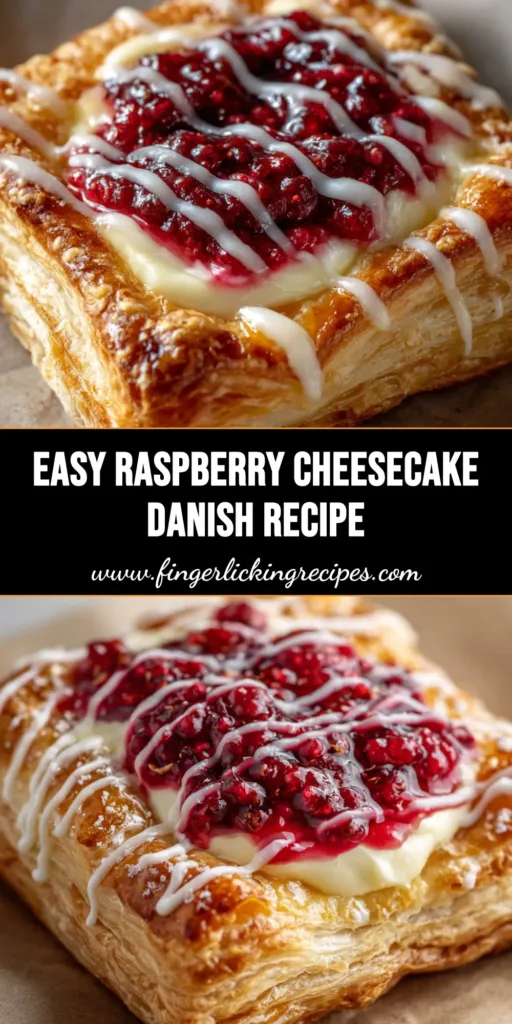 A close up view of a golden brown, flaky puff pastry Raspberry Cheesecake Danish with sweet cream cheese and glossy red raspberry compote drizzled with zig-zag vanilla icing.