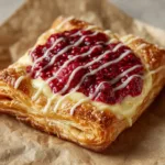 A close-up of a golden brown flaky puff pastry square with its corners folded inwards, revealing pale cream cheese and ruby red raspberry compote.