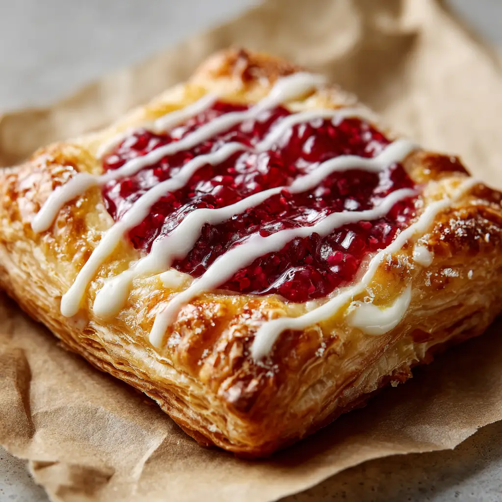 A glossy vibrant ruby red raspberry compote with visible seeds sitting on a baked pale cream cheese filling inside a golden puff pastry.