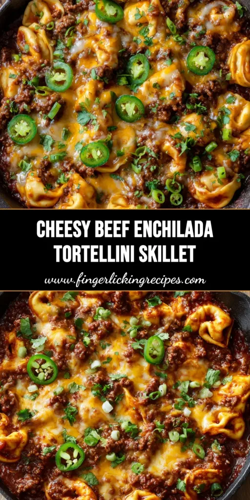 Close-up of a rustic cast iron skillet filled with Cheesy Beef Enchilada Tortellini, featuring browned ground beef, red enchilada sauce, and a glossy, bubbly cheddar and Monterey Jack cheese crust garnished with jalapeños, cilantro, and scallions.
