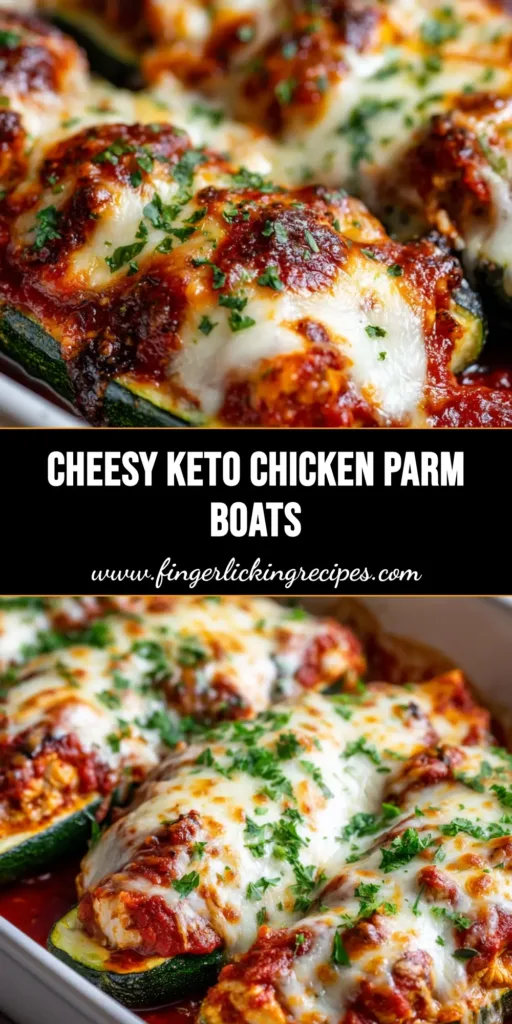Close-up of keto chicken parmesan zucchini boats in a white ceramic baking dish featuring bubbling melted mozzarella and golden-brown parmesan with fresh green parsley.