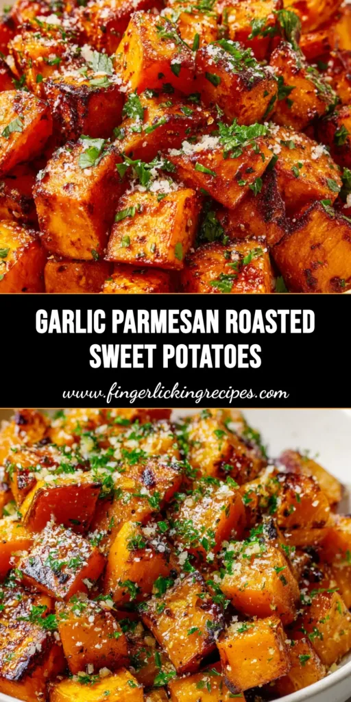 A towering pile of Garlic Parmesan Roasted Sweet Potatoes showing deeply caramelized edges, fresh parsley, and melted cheese.