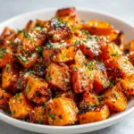 Close-up of golden-orange cubed sweet potatoes coated in a glistening oil sheen with finely grated parmesan and minced garlic.