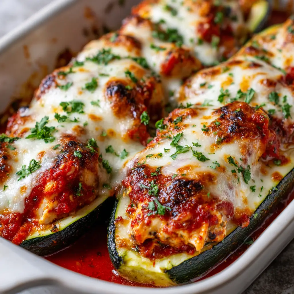 Golden-brown bubbly charred mozzarella and parmesan cheese heavily layered over keto chicken parmesan zucchini boats.