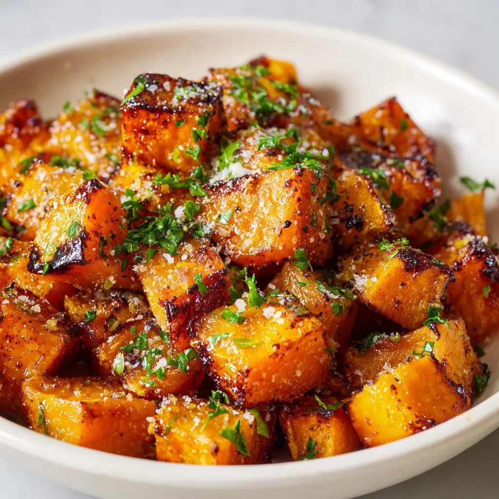 White ceramic serving bowl filled with savory Garlic Parmesan Roasted Sweet Potatoes garnished with flecks of fresh green parsley.