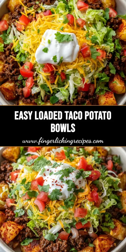 A close-up overhead shot of a loaded taco potato bowl featuring crispy golden-brown potatoes, savory ground beef, red tomatoes, green lettuce, sour cream, cheese, and cilantro in a matte white bowl.