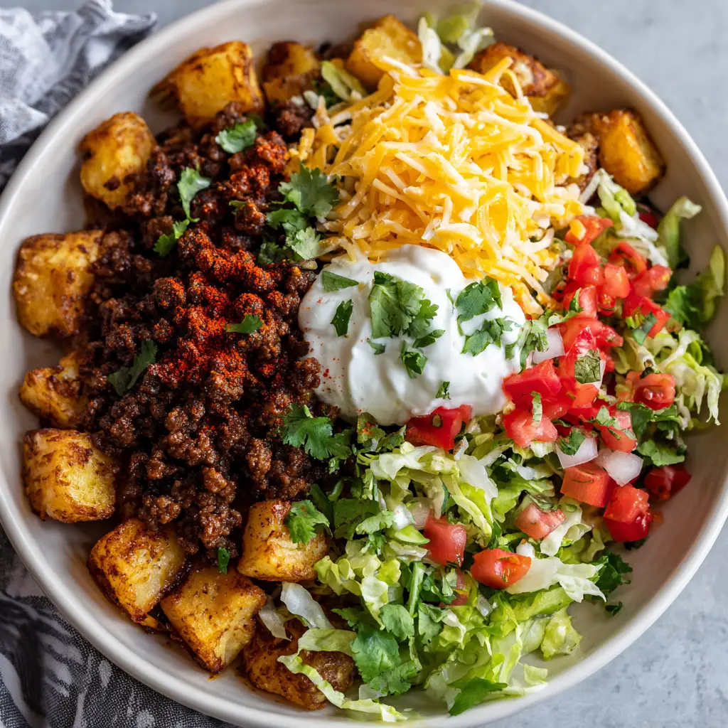 Savory dark brown crumbled seasoned ground beef layered over crispy potatoes with fresh toppings.
