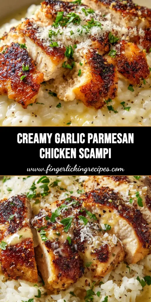 A rustic ceramic bowl filled with thick white parmesan rice and golden-brown pan-seared chicken breast chunks, heavily coated in a glossy buttery garlic cream sauce, garnished with fresh parsley and black pepper.