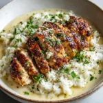 Close-up of golden-brown pan-seared chicken breast resting on creamy thick white parmesan rice, covered in a pale-yellow garlic cream sauce.