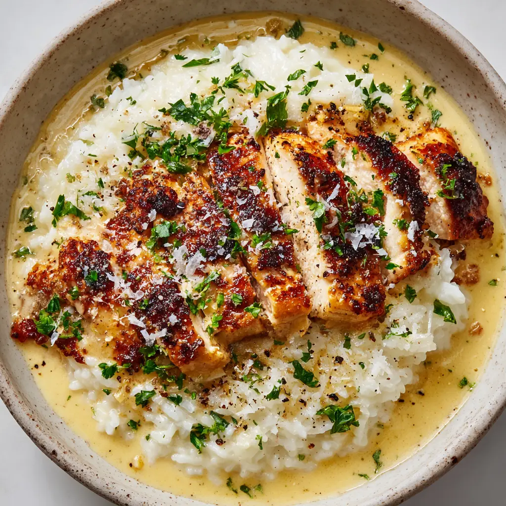 Overhead view of Creamy Garlic Parmesan Chicken Scampi showing the glossy sauce pooling at the edges of a rustic ceramic bowl, garnished with chopped parsley.