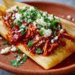 Freshly steamed tamale resting in a wet textured tan corn husk, split open to reveal deep-red shredded pork on a rustic terracotta plate.