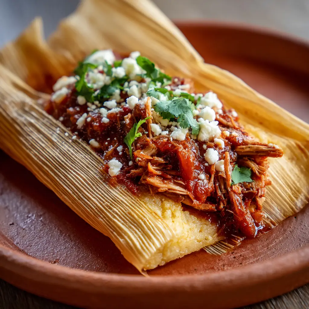 Close-up of bright green chopped fresh cilantro and crumbled white cotija cheese scattered on top of a red chile pork tamale.