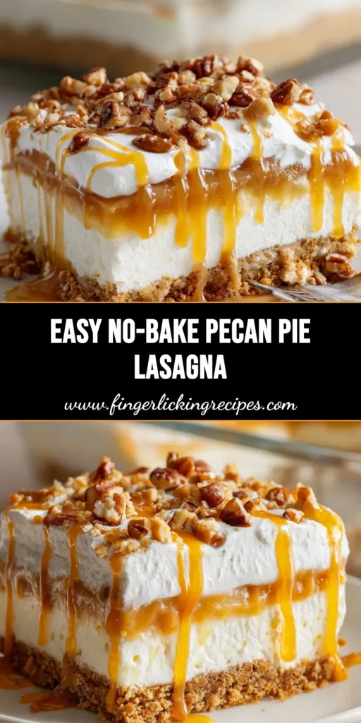 A top-down view of a rectangular glass baking dish filled with Pecan Pie Lasagna, with one slice removed to show the distinct layers. (Pecan Pie Lasagna)