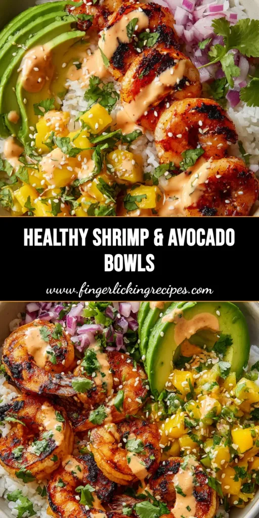 A vibrant and delicious example of healthy shrimp bowl recipes, featuring smoky grilled shrimp, fanned avocado, and mango salsa in a white bowl, viewed from the top down.