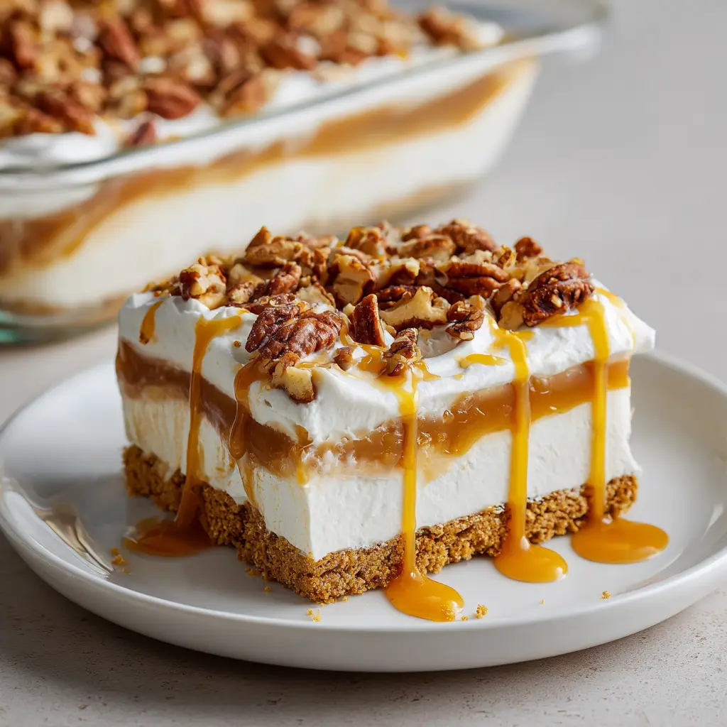 A close-up shot focusing on the gooey caramel pecan layer of the Pecan Pie Lasagna, garnished with whipped cream and a caramel drizzle.