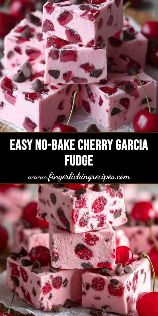 A close-up shot of a stack of creamy pink Cherry Garcia Fudge squares on parchment paper. The fudge is filled with chopped cherries and chocolate chips.