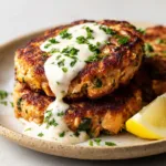 Thick, pan-seared salmon patties with a flaky, crispy crust are being served on a simple ceramic plate with a side of creamy sauce. (Salmon Patties)