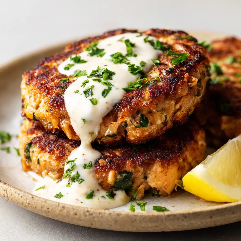 Golden-Brown Salmon Patties with a Flaky, Crispy Crust 3 Thick, pan-seared salmon patties with a flaky, crispy crust are being served on a simple ceramic plate with a side of creamy sauce. (Salmon Patties)