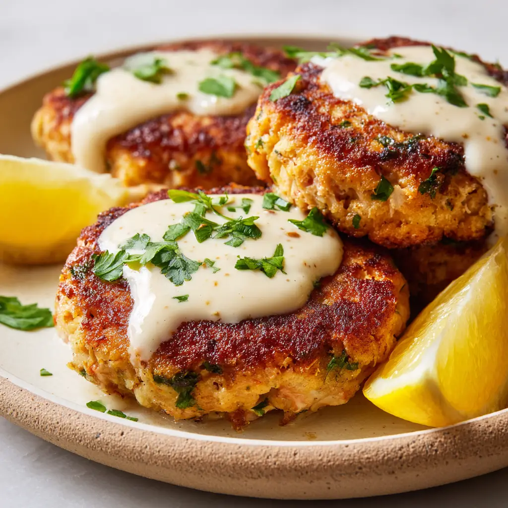 Golden-Brown Salmon Patties with a Flaky, Crispy Crust 2 A final plate of homemade salmon patties featuring a generous dollop of thick, creamy white sauce, fresh parsley, and a lemon wedge.