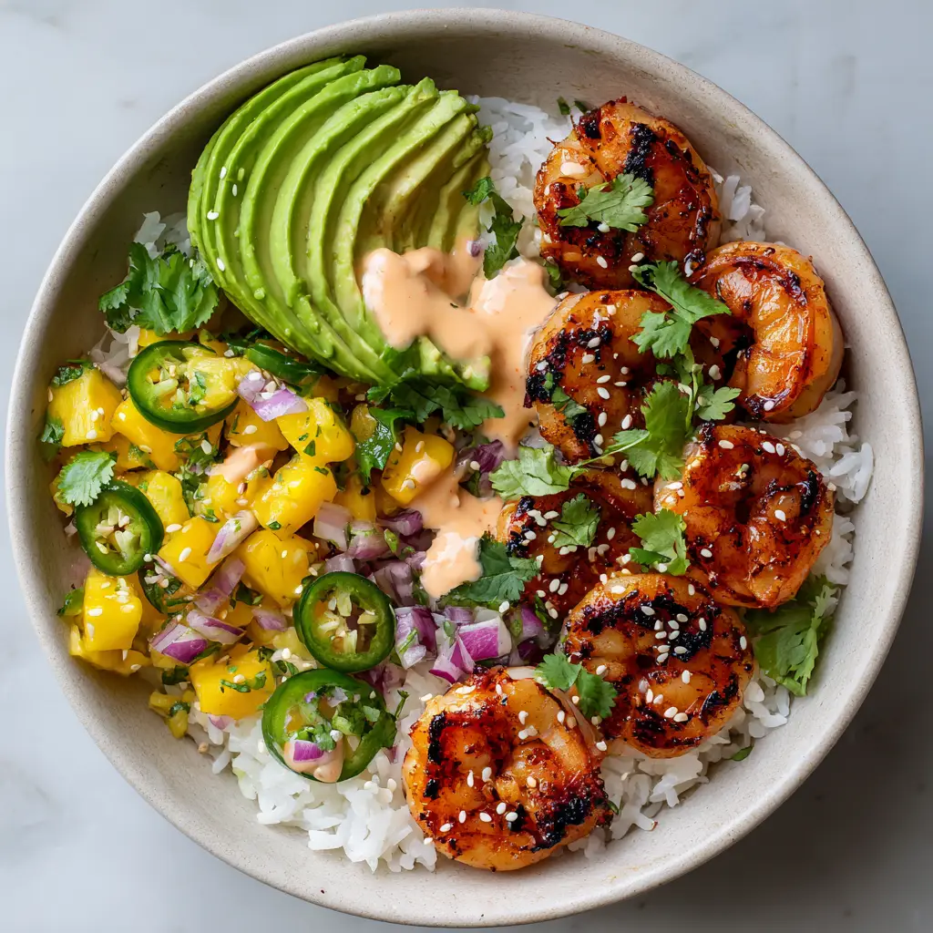 An overhead shot showcasing all the fresh components of the healthy shrimp bowl, including the pale orange lime-chili sauce.