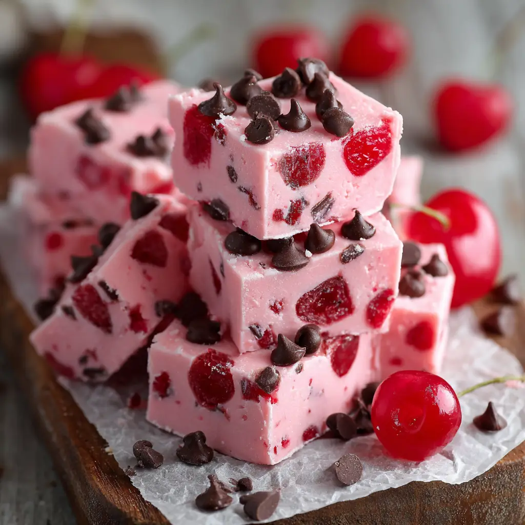 An overhead view of freshly sliced Cherry Garcia Fudge, showing the glossy cherries and semi-sweet chocolate chips embedded in the pink fudge.
