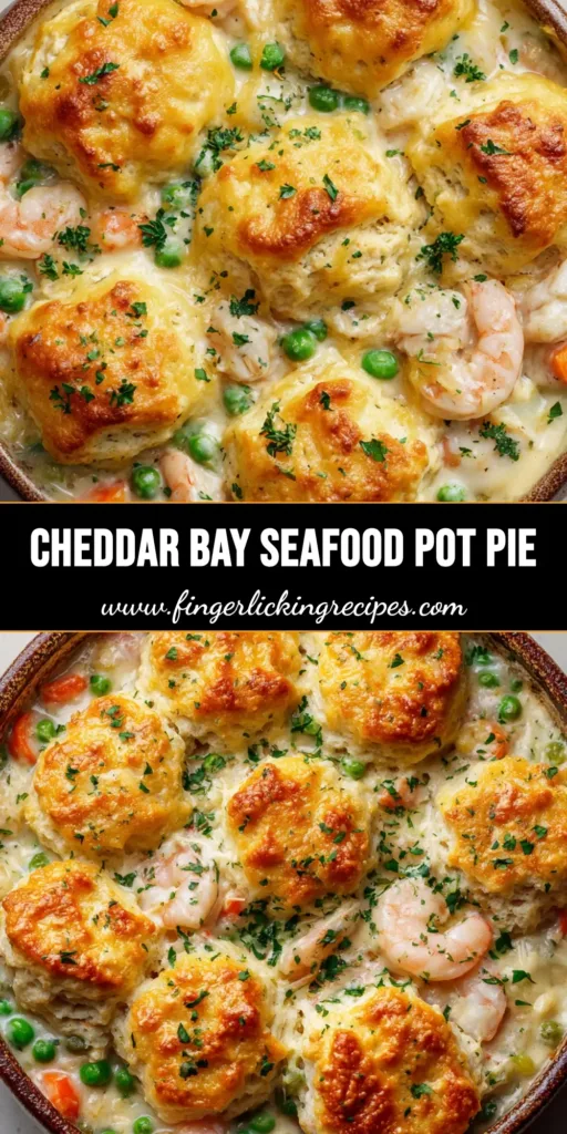 An overhead shot of a creamy Seafood Pot Pie in a rustic baking dish, topped with golden cheddar biscuits and parsley.