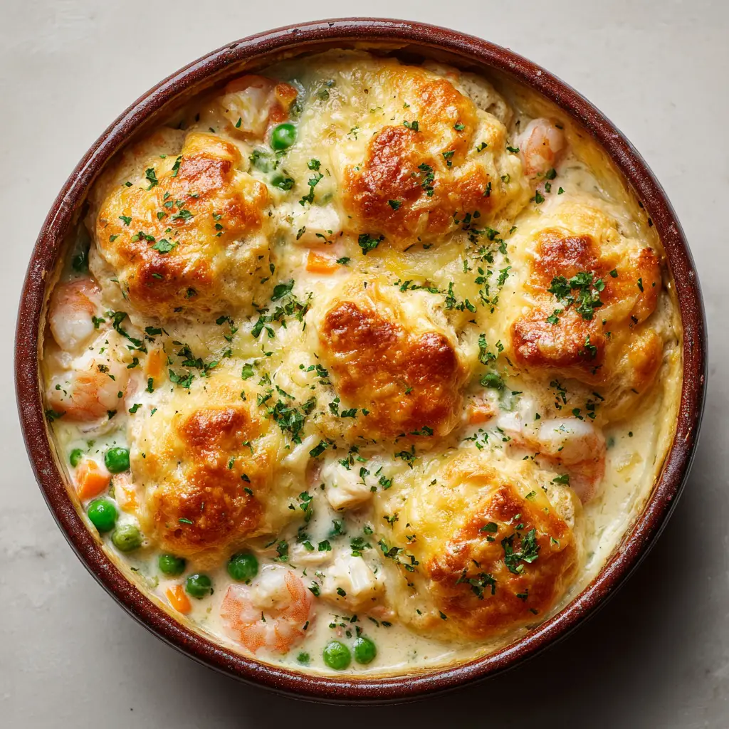 Detail shot of the cheesy drop biscuit topping on a seafood pot pie, brushed with glossy garlic butter and sprinkled with fresh parsley.