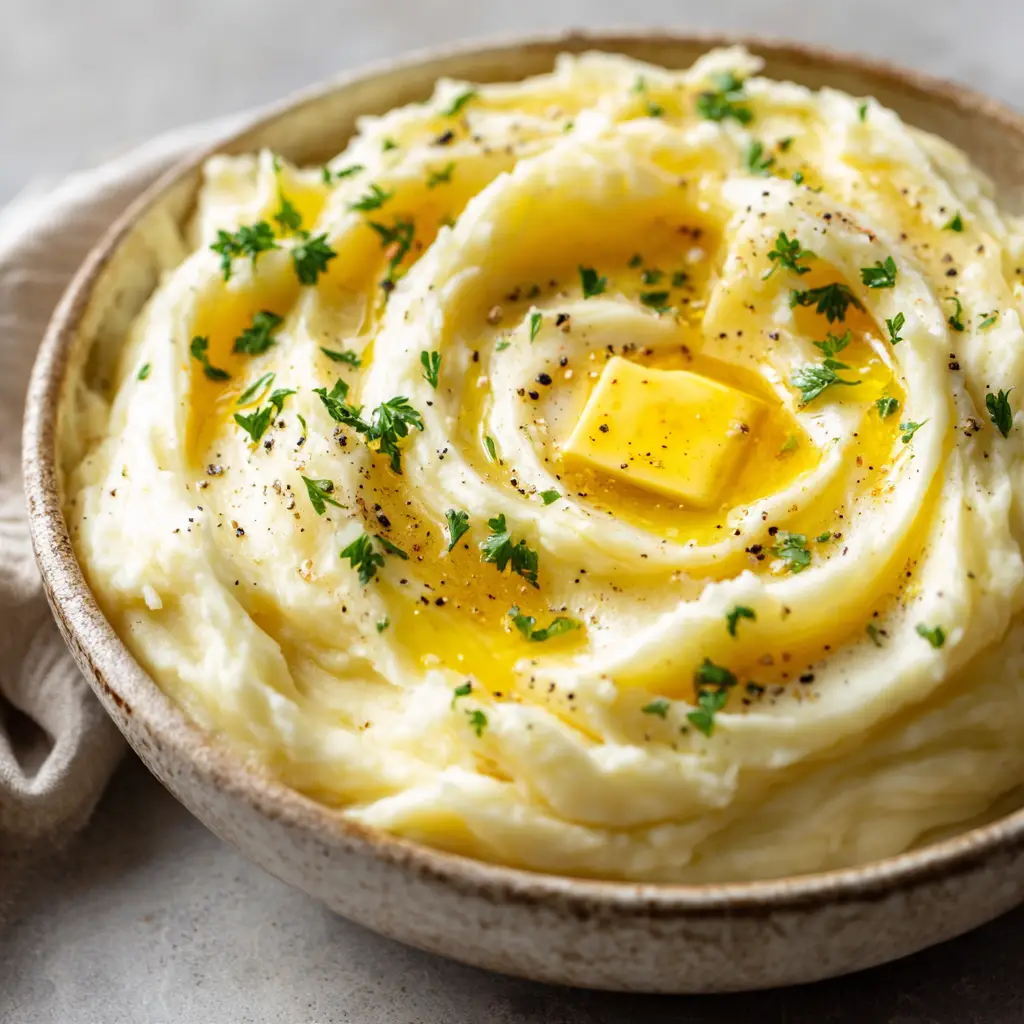 Creamy Mashed Potatoes: The Ultimate Velvety Recipe 3 Close up of creamy mashed potatoes in a rustic bowl with a pool of melted butter and herbs.
