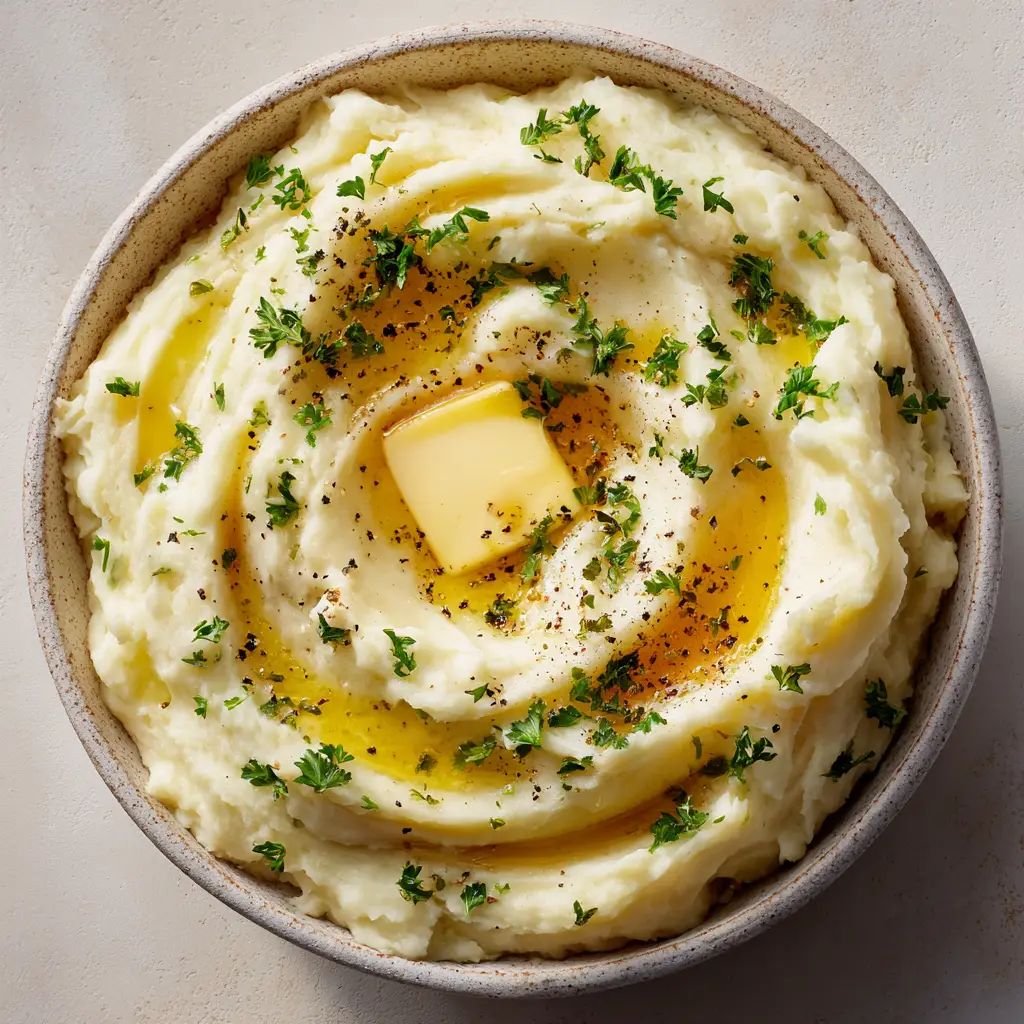 Creamy Mashed Potatoes: The Ultimate Velvety Recipe 2 Beautiful peaks of fluffy creamy mashed potatoes garnished with black pepper, fresh parsley, and liquid butter.