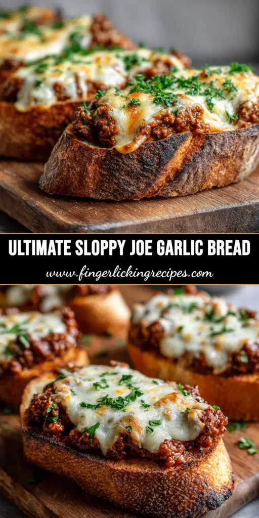 The Ultimate Cheesy Sloppy Joe Garlic Bread 4 A close-up of Cheesy Sloppy Joe Garlic Bread loaded with ground beef, melted mozzarella, cheddar cheese, and fresh parsley.