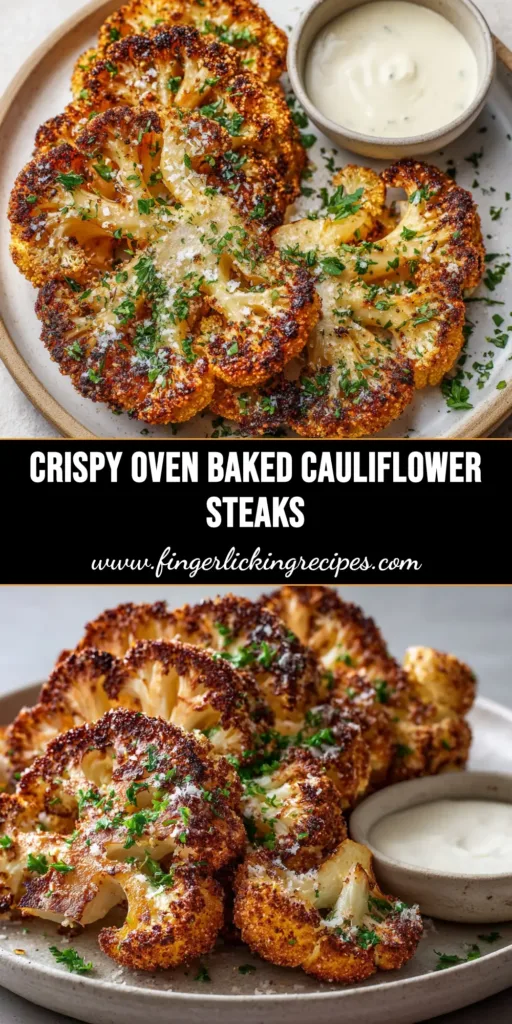 Crispy Baked Cauliflower Steaks 5 A thick Crispy Baked Cauliflower Steak on a rustic white plate with a golden-brown breadcrumb crust, fresh parsley, and coarse sea salt.